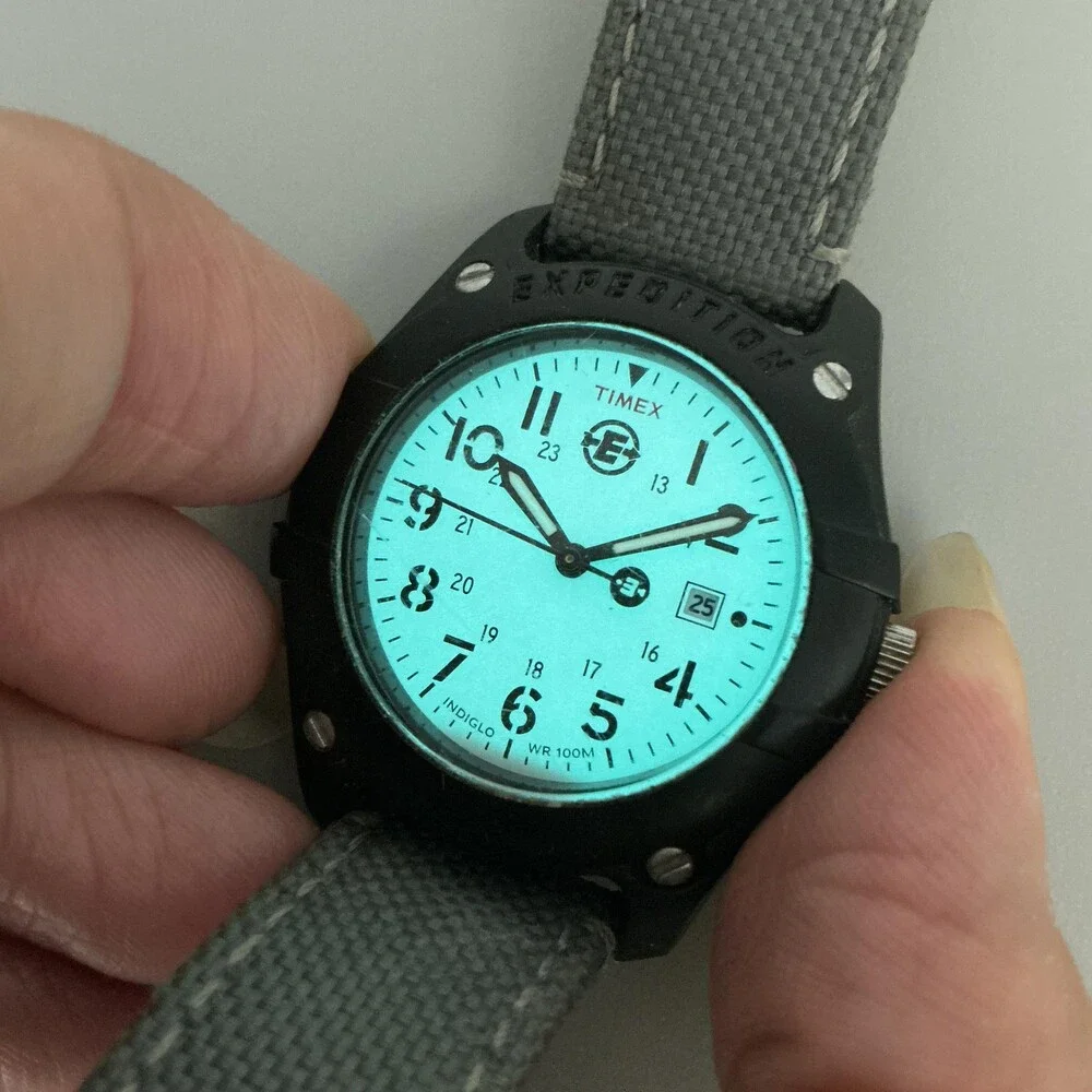 Timex Expedition Indiglo Mens Watch 34mm White Dial Gray Canvas Date New Battery